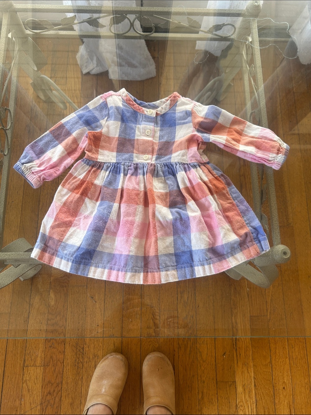 Girls Plaid Long-Sleeve Cotton Dress - Pink, Blue, White 12-18 months